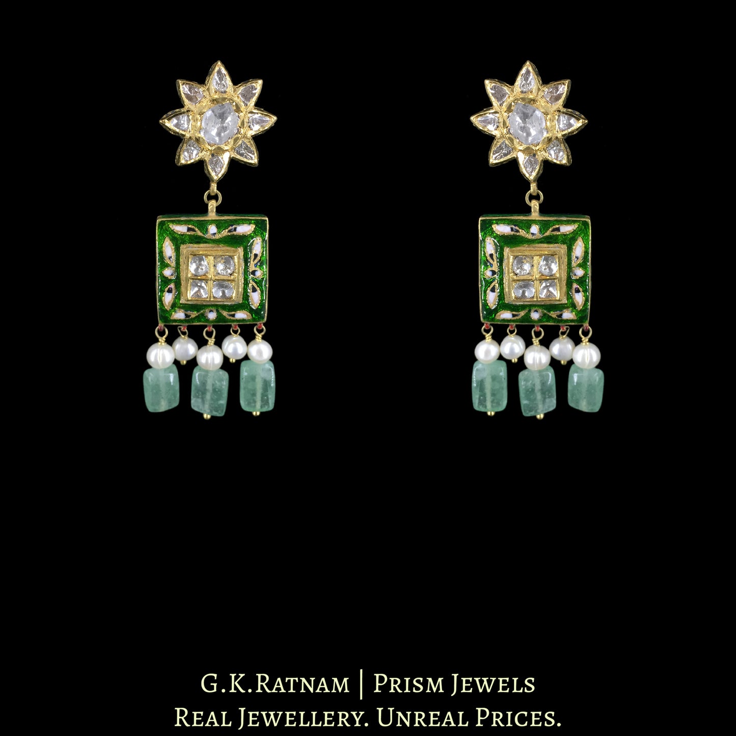 18k Gold and Diamond Polki Pendant Set with Green Meenakari