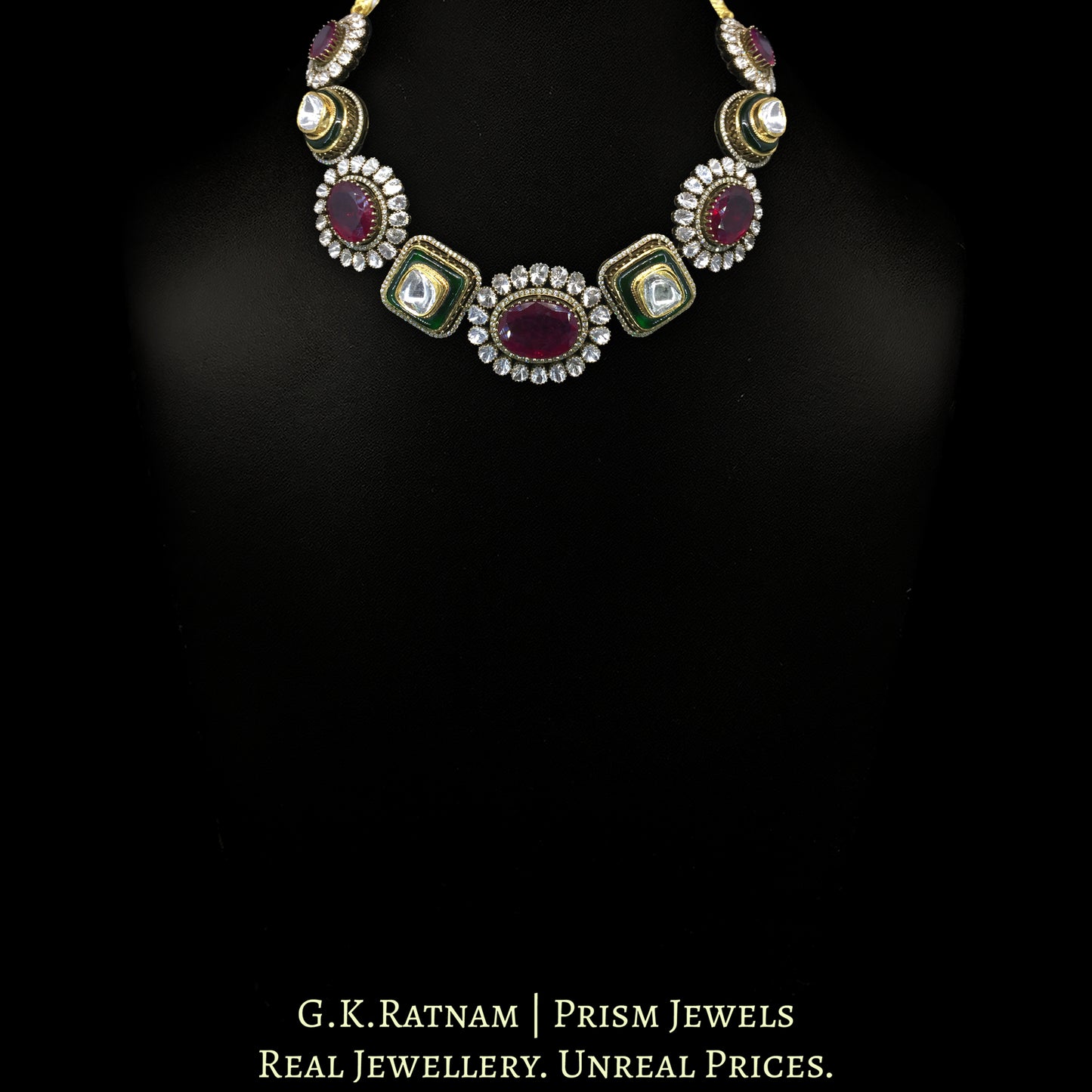 14k Gold and Diamond Polki Open Setting multi-purpose detachable Necklace in Victorian Finish