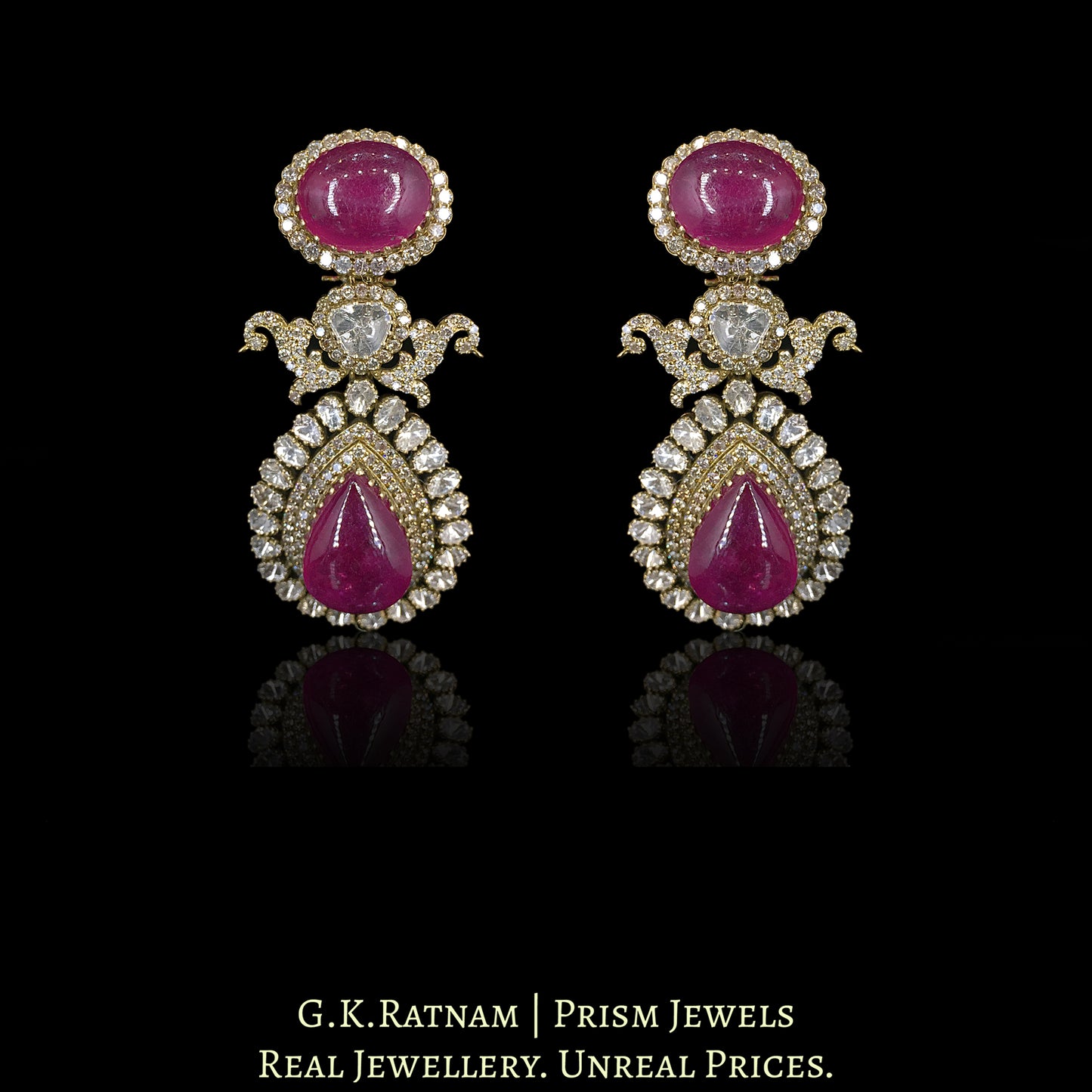 18k Gold and Diamond Polki Open Setting victorian-finish Long Earring Pair with Rubies