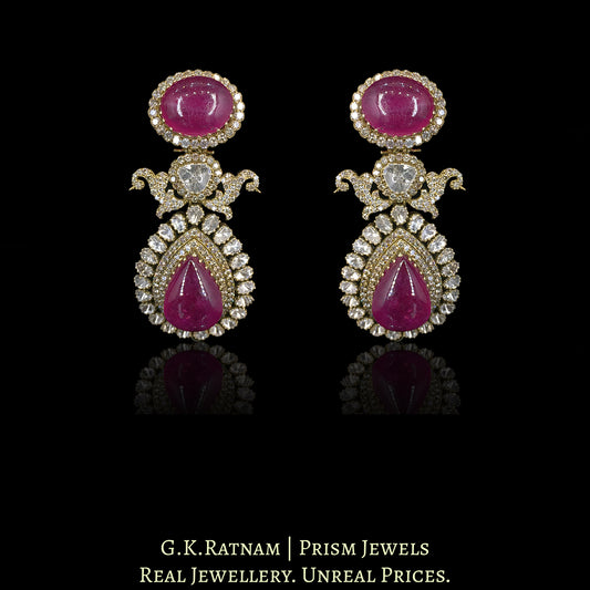 18k Gold and Diamond Polki Open Setting victorian-finish Long Earring Pair with Rubies