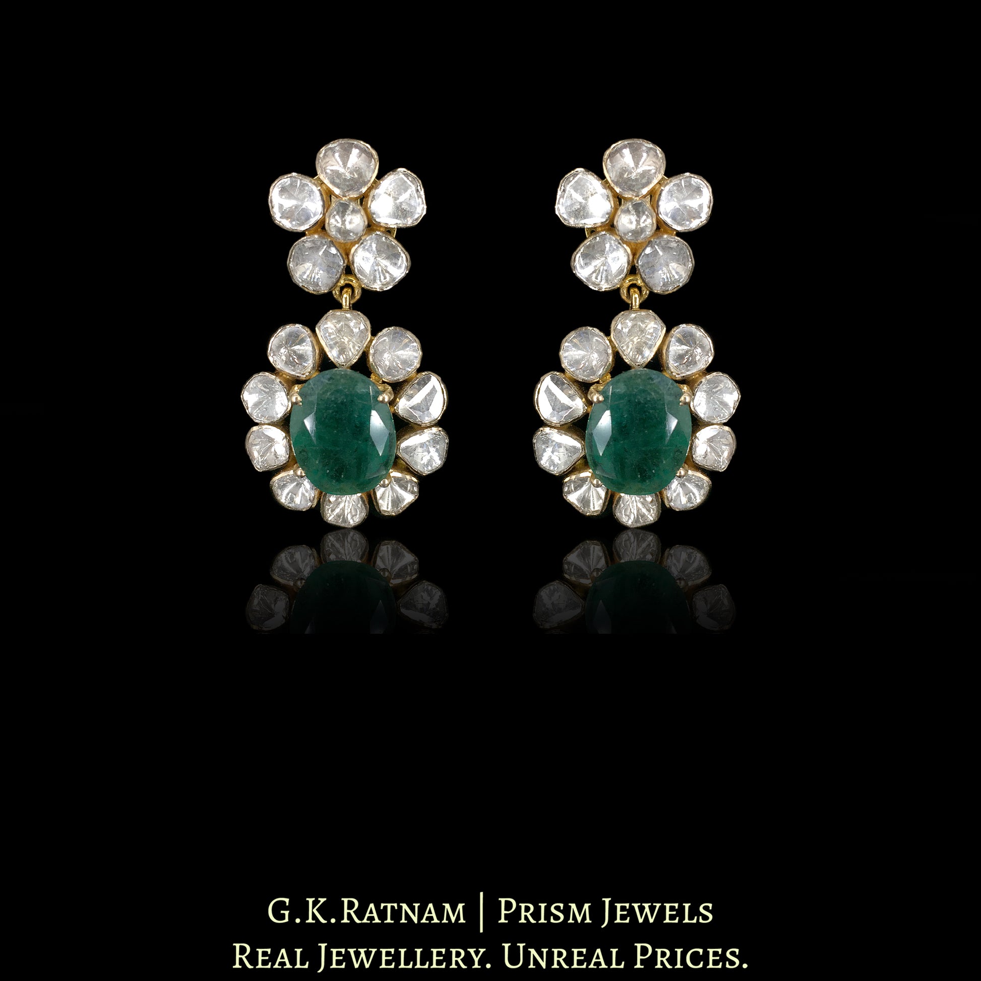 18k Gold and Diamond Polki Open Setting Necklace Set with Natural Emeralds - G. K. Ratnam