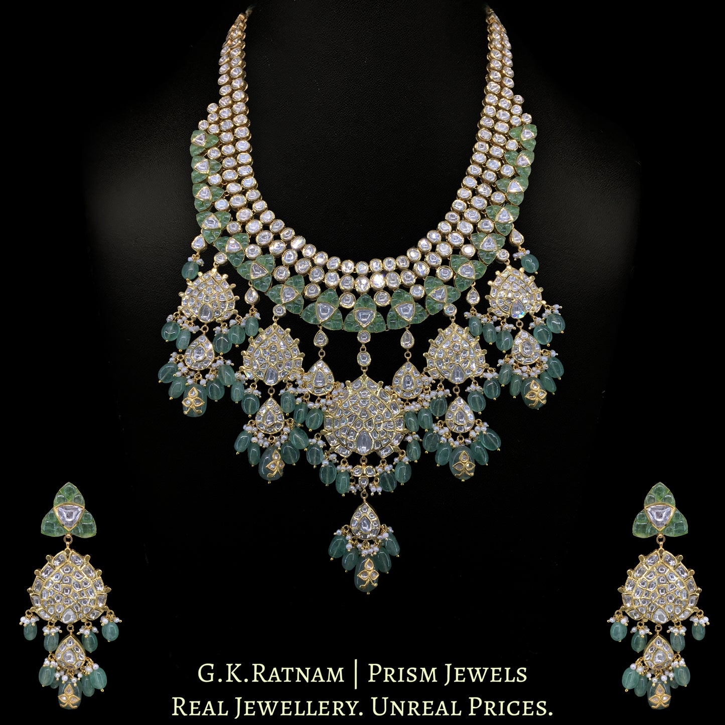 22k Gold and Diamond Polki Long Necklace Set with emerald-green Strawberry Quartz and Hyderabadi Pearls