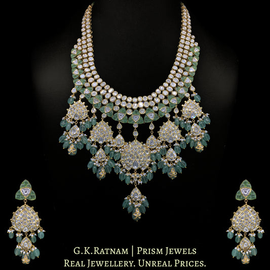 22k Gold and Diamond Polki Long Necklace Set with emerald-green Strawberry Quartz and Hyderabadi Pearls