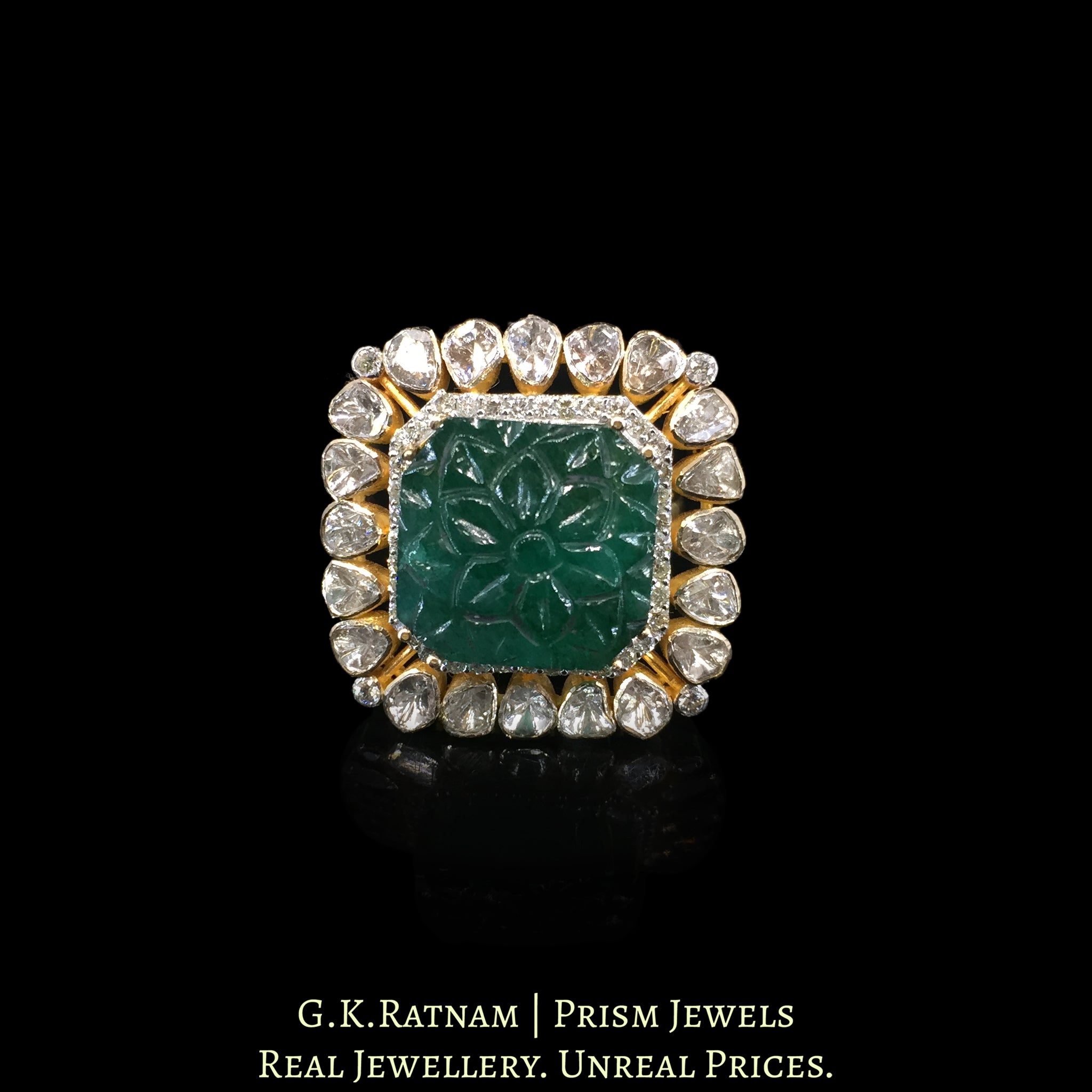 14k Gold and Diamond Polki Open Setting Ring with hand-carved Green Beryl