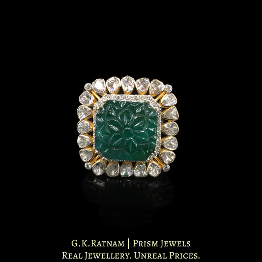 14k Gold and Diamond Polki Open Setting Ring with hand-carved Green Beryl