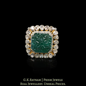 14k Gold and Diamond Polki Open Setting Ring with hand-carved Green Beryl