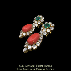 18k Gold and Diamond Polki Open Setting Long Earring Pair with Corals and lab-grown Emeralds