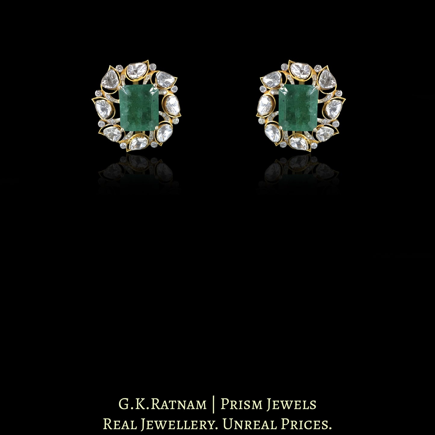 14k Gold and Diamond Polki Open Setting Necklace Set with emerald-green Strawberry Quartz