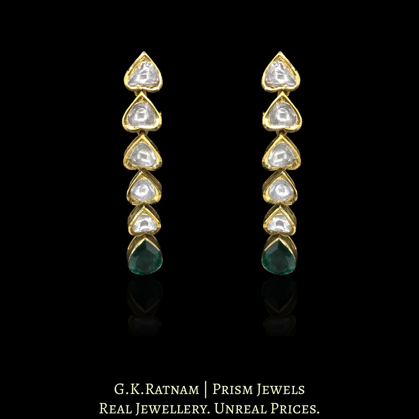 18k Gold and Diamond Polki single-line Necklace Set with Lab Grown Emerald hangings