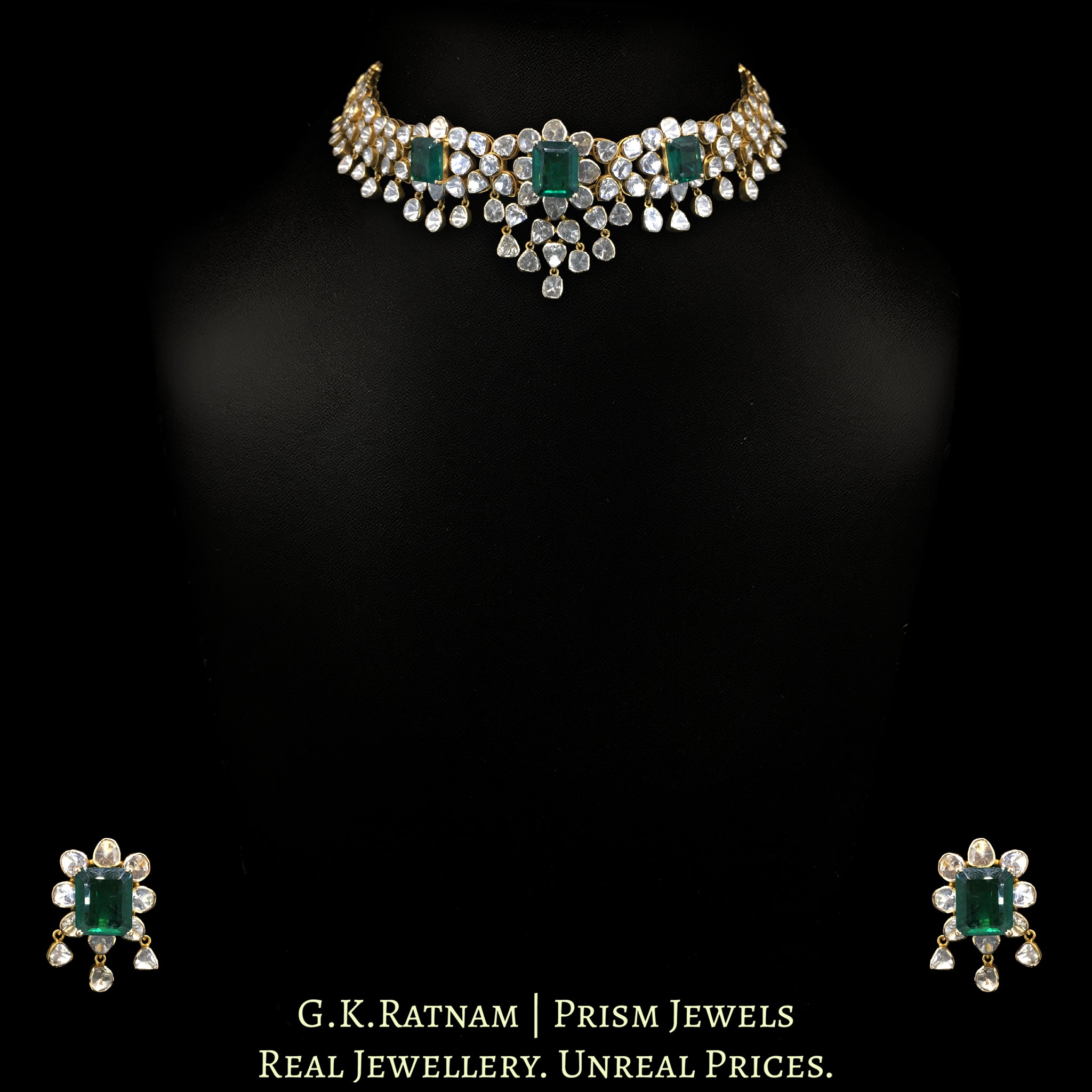 14k Gold and Diamond Polki Open Setting Choker Necklace Set with Lab Grown Emeralds