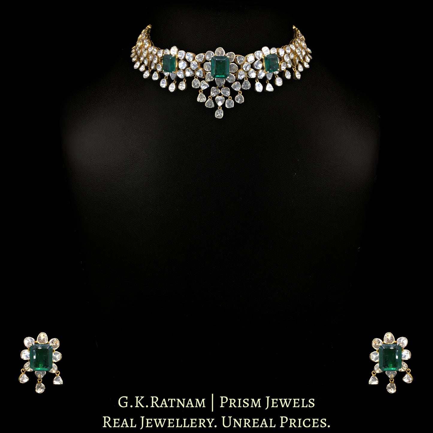 14k Gold and Diamond Polki Open Setting Choker Necklace Set with Lab Grown Emeralds