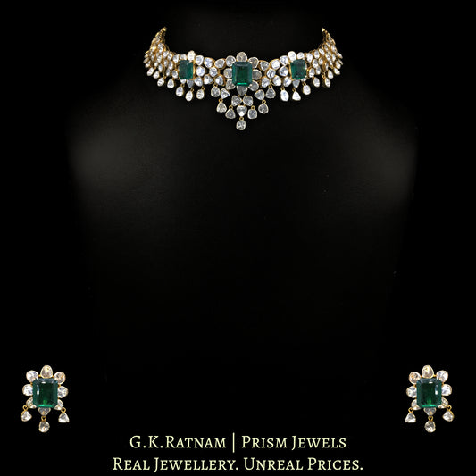 14k Gold and Diamond Polki Open Setting Choker Necklace Set with Lab Grown Emeralds