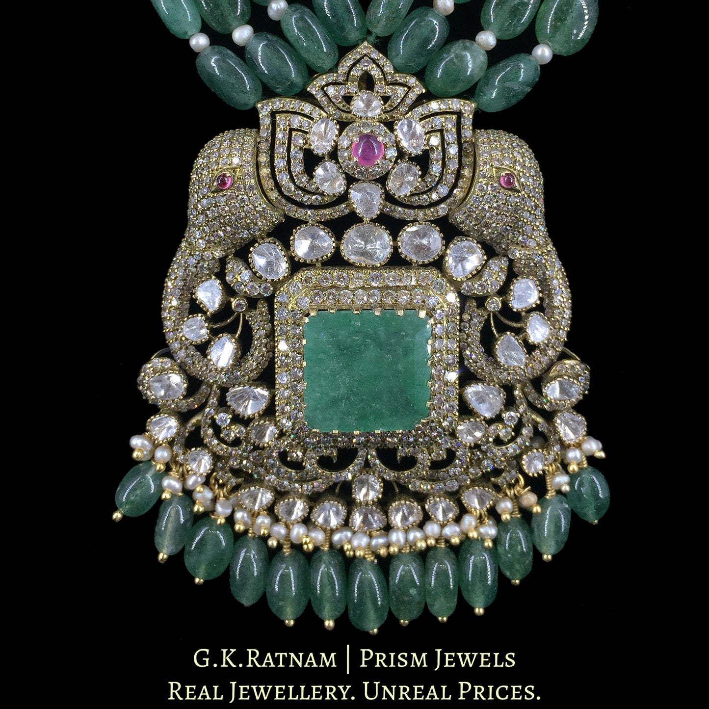 14k Gold and Diamond Polki Open Setting victorian-finish Pendant Set with Elephant Motifs