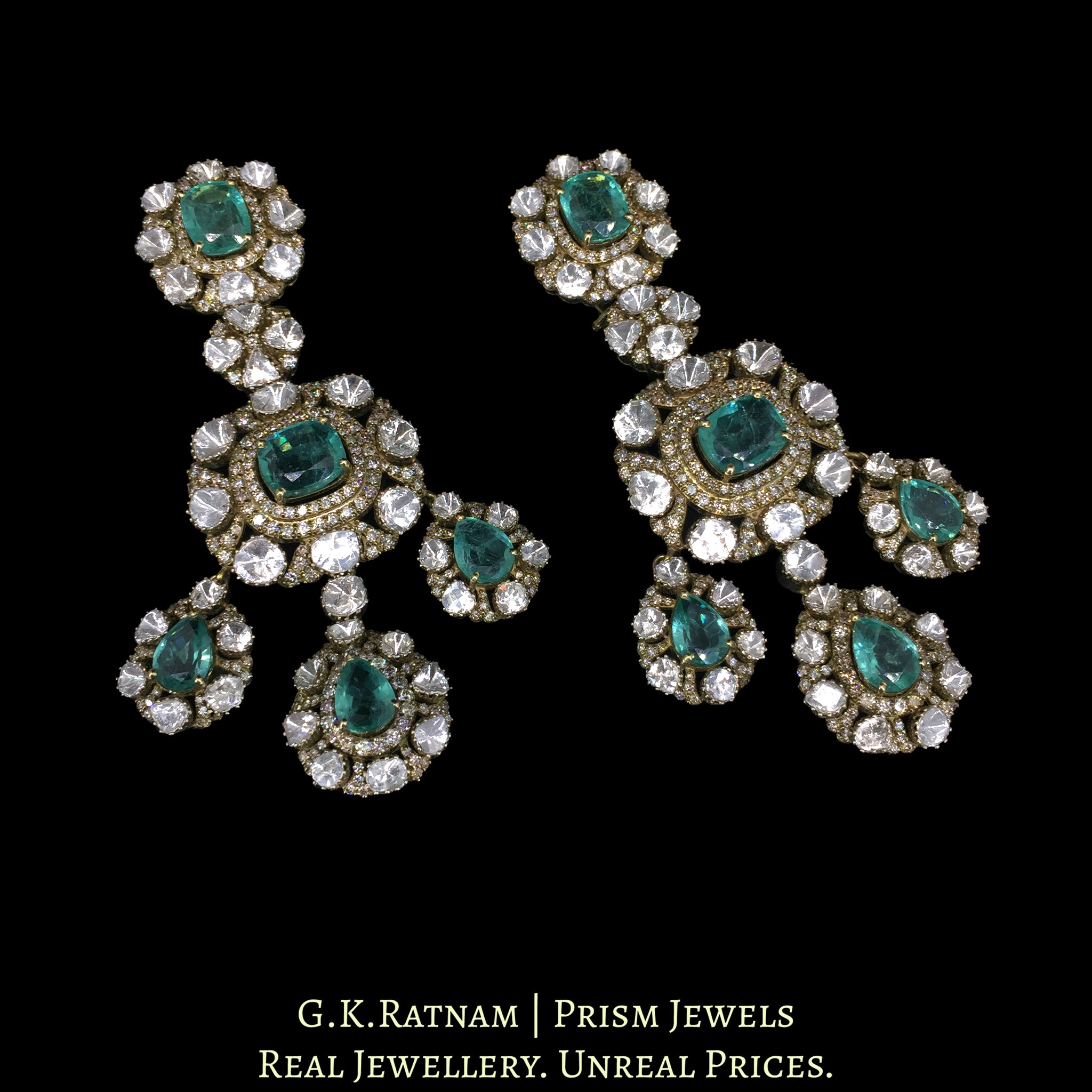14k Gold and Diamond Polki Open Setting victorian-finish Long Earring Pair with Lab Grown Russian Emeralds
