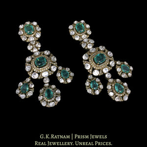 14k Gold and Diamond Polki Open Setting victorian-finish Long Earring Pair with Lab Grown Russian Emeralds