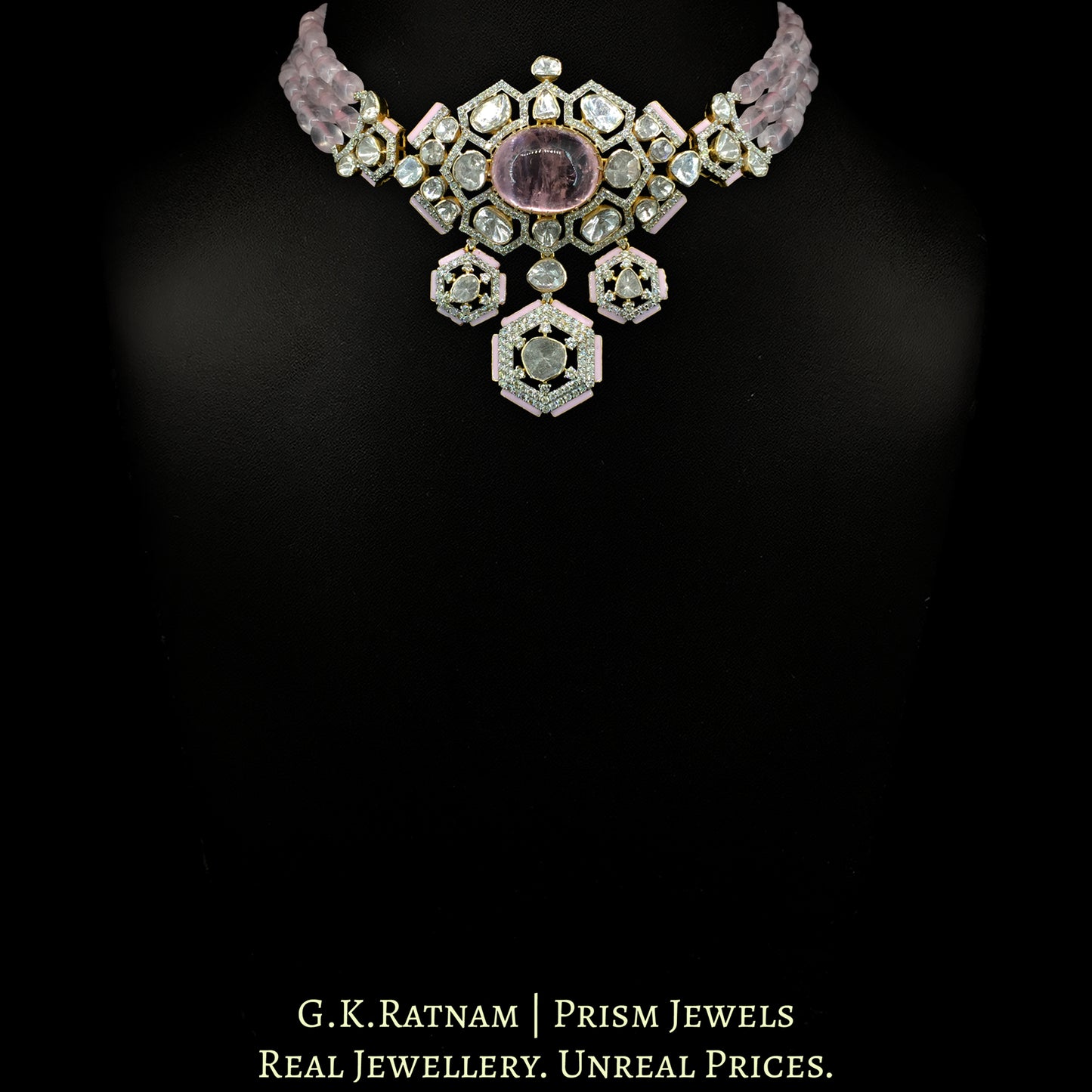 14k Gold and Diamond Polki Open Setting Choker Necklace Set with Morganites
