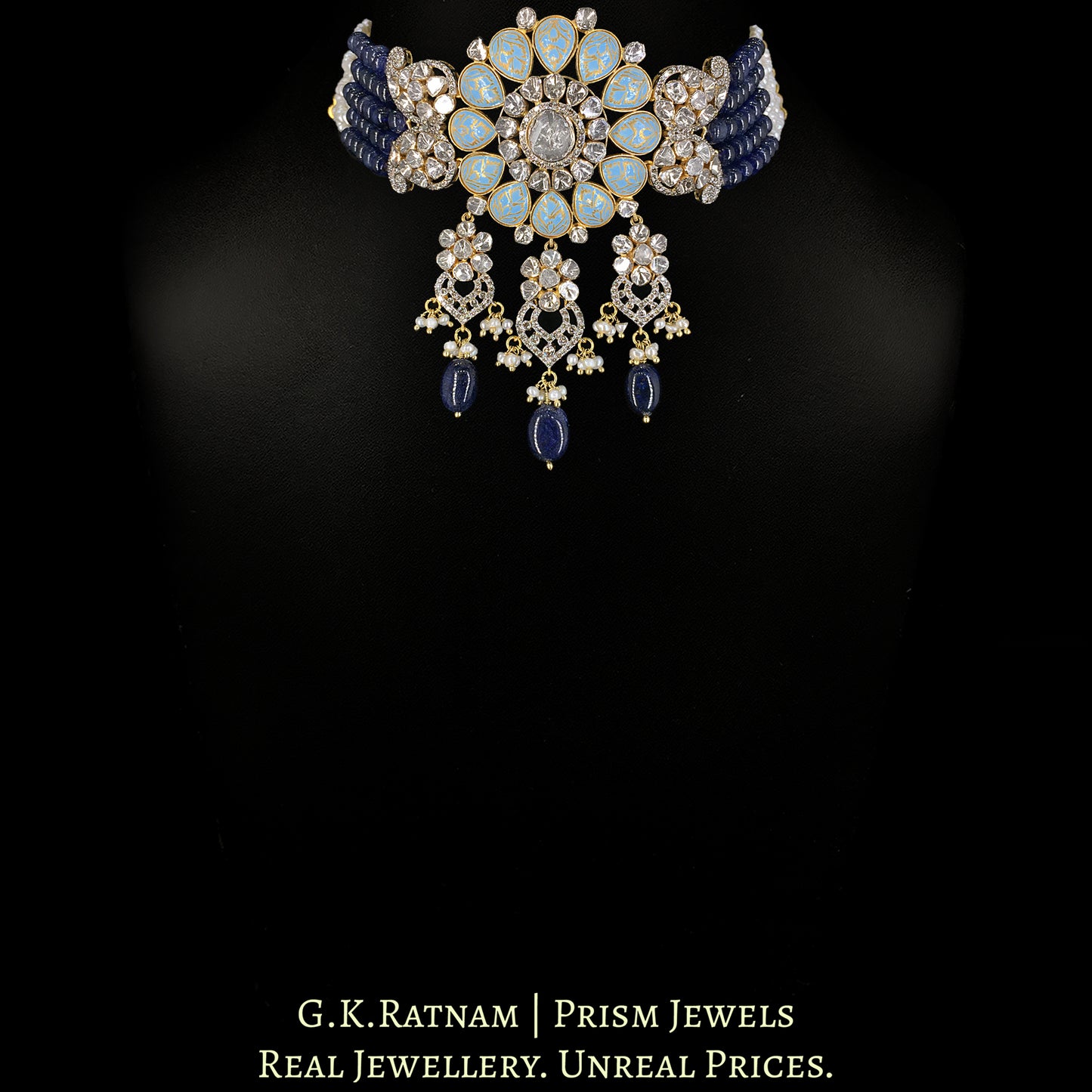 18k Gold and Diamond Polki Open Setting Choker Necklace Set with Turquoise Enamel - G. K. Ratnam