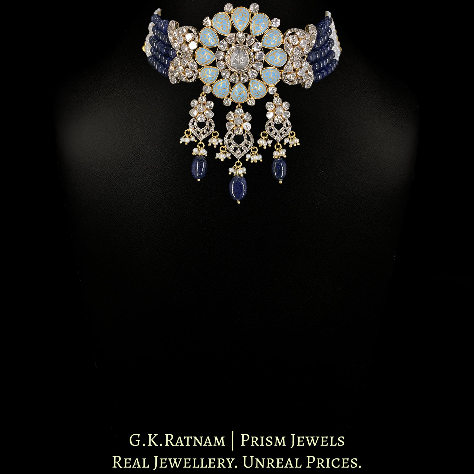 18k Gold and Diamond Polki Open Setting Choker Necklace Set with Turquoise Enamel - G. K. Ratnam