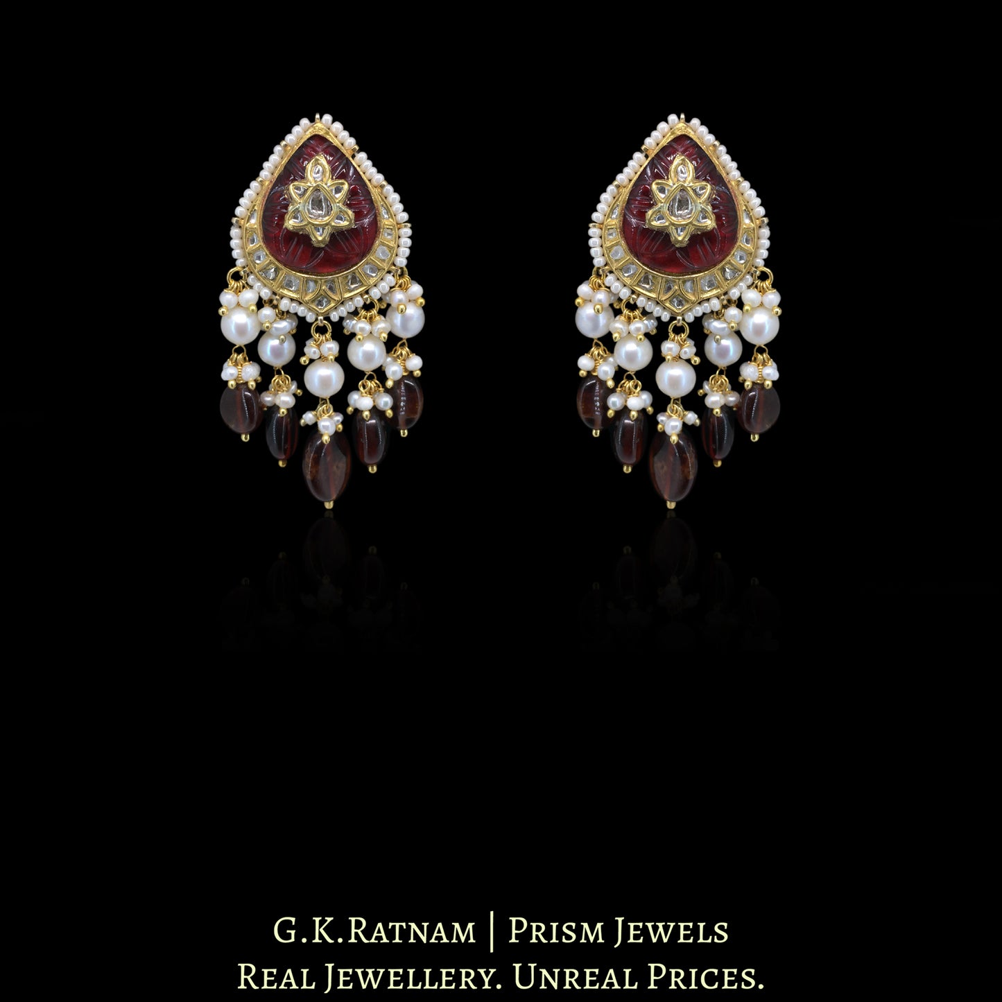 23k Gold and Diamond Polki Pendant Set strung with Hessonites