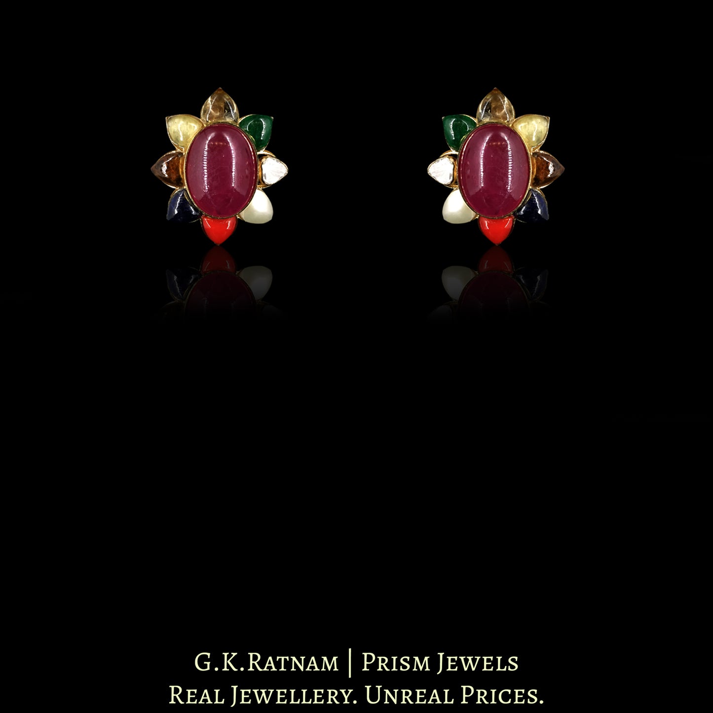 18k Gold and Diamond Polki Open Setting Navratna Choker Necklace Set with Hyderabadi Pearls