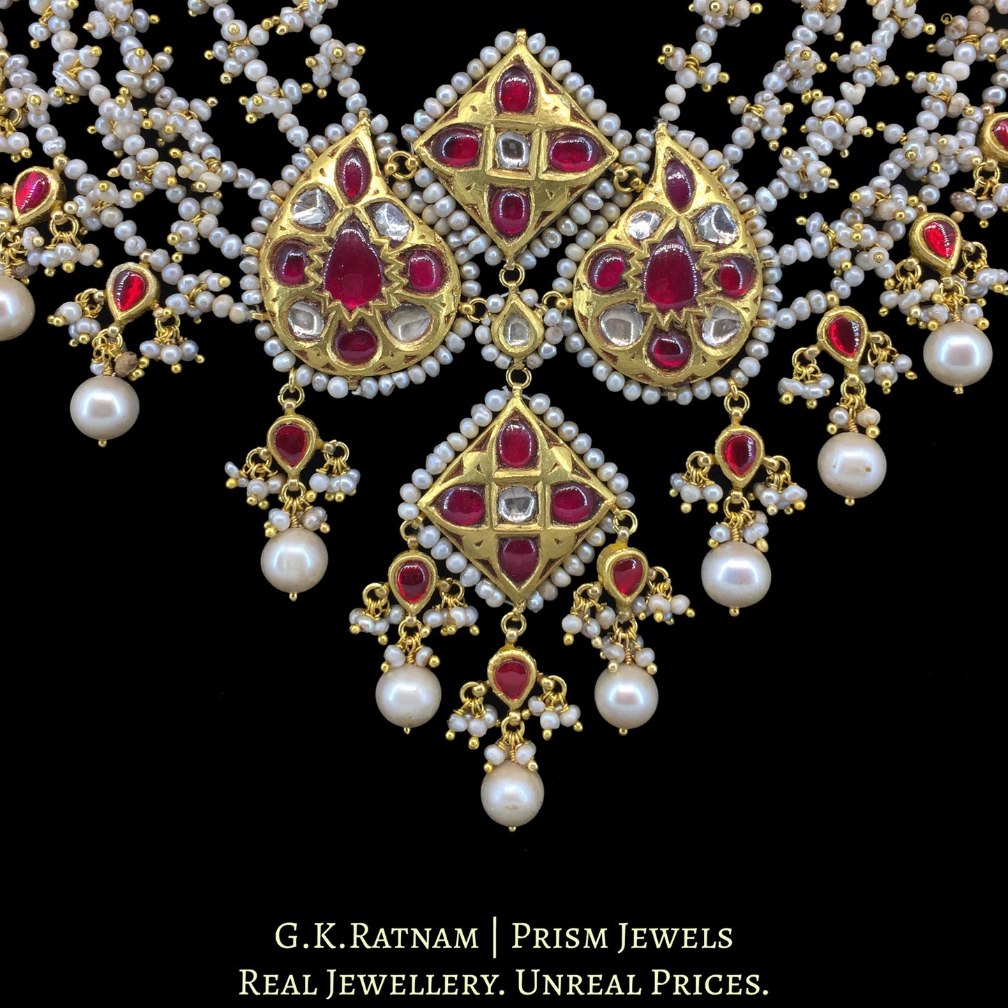 23k Gold and Diamond Polki Necklace Set with Antiqued Freshwater Pearls - G. K. Ratnam