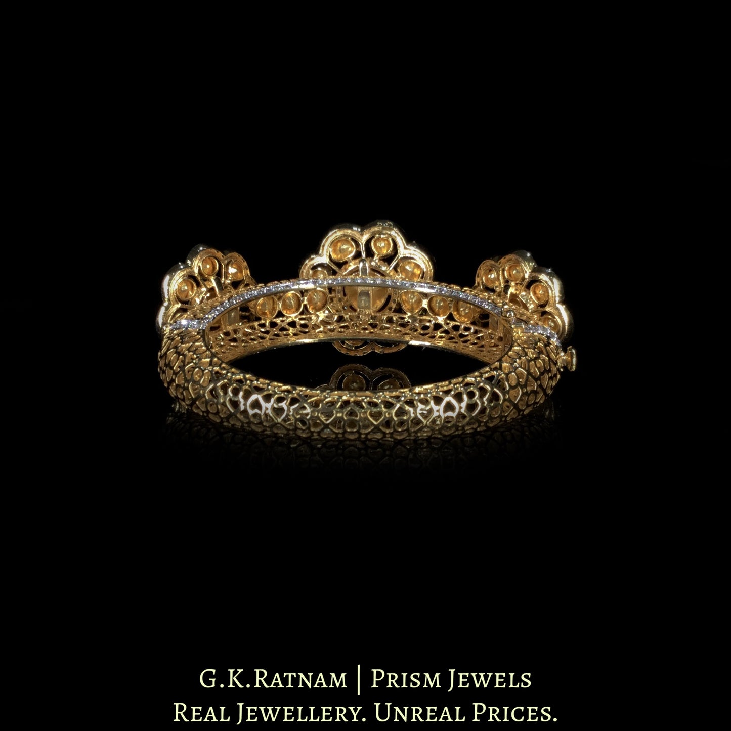 14k Gold and Diamond Polki Open Setting Bangle with protruding floral motifs