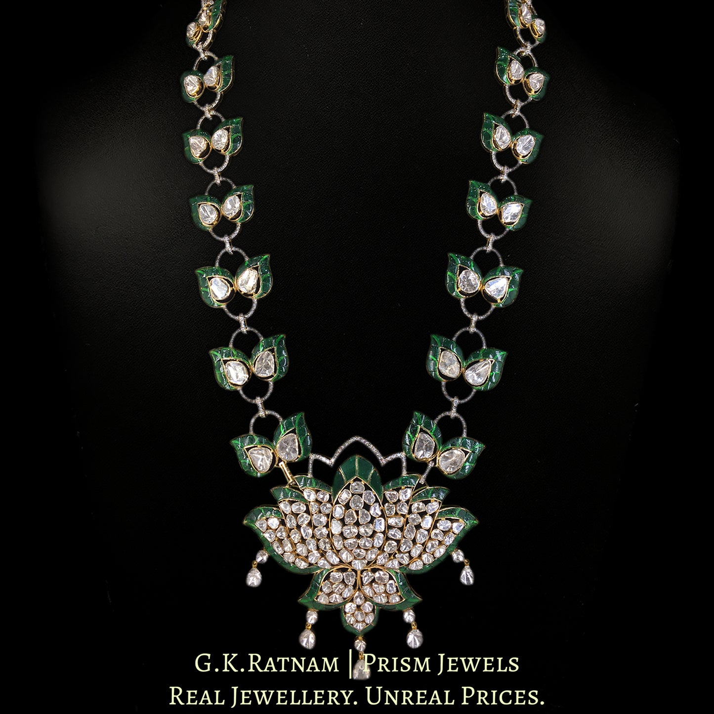 14k Gold and Diamond Polki Open Setting lotus-motif Pendant Necklace in Ranihaar / Patrihaar style - G. K. Ratnam