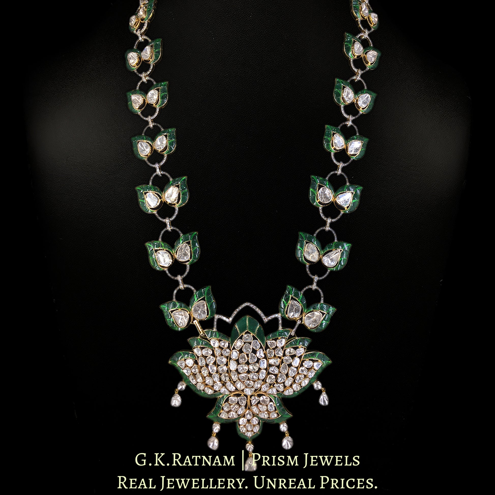 14k Gold and Diamond Polki Open Setting lotus-motif Pendant Necklace in Ranihaar / Patrihaar style - G. K. Ratnam