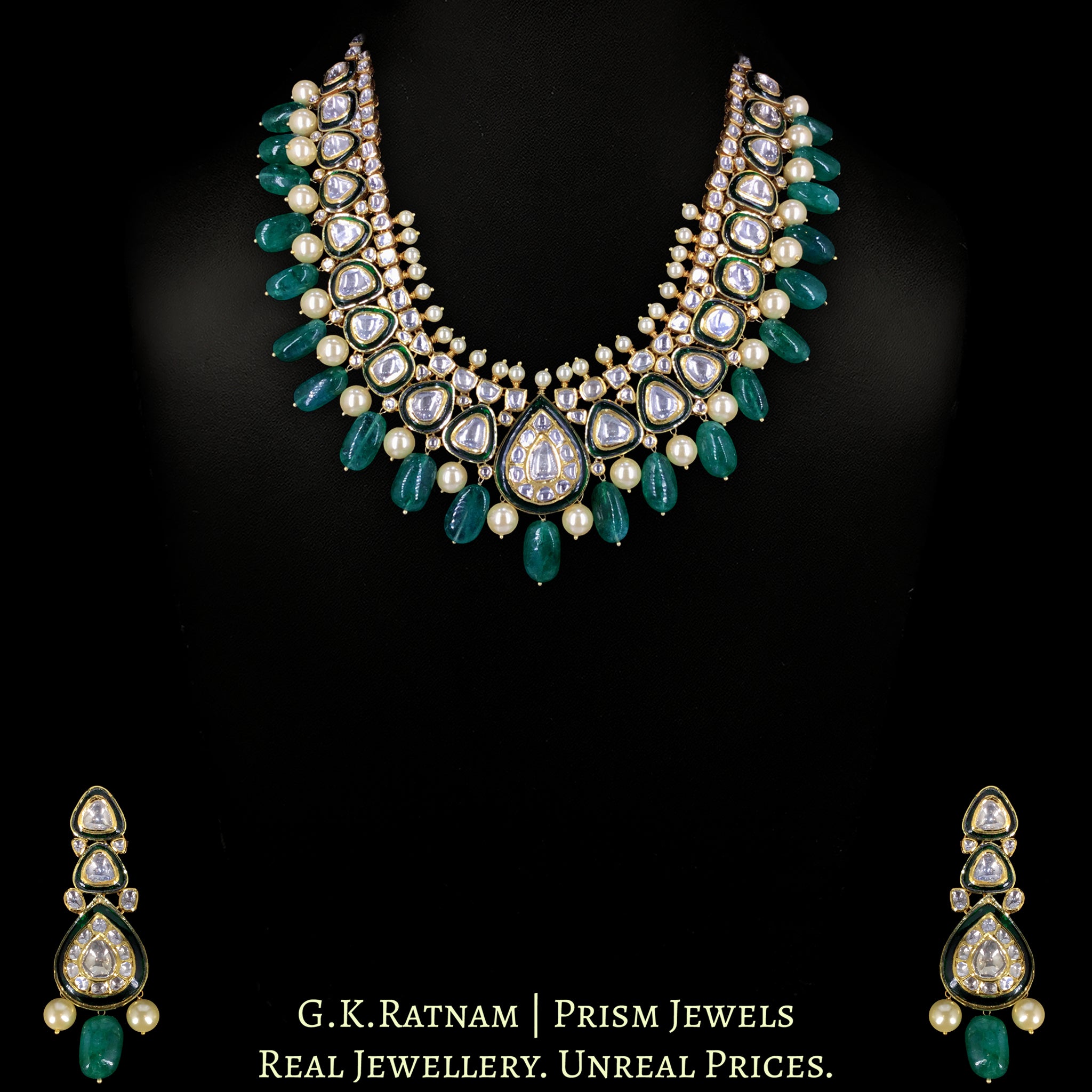 18k Gold and Diamond Polki Long Necklace Set with Green Beryls and Pearls