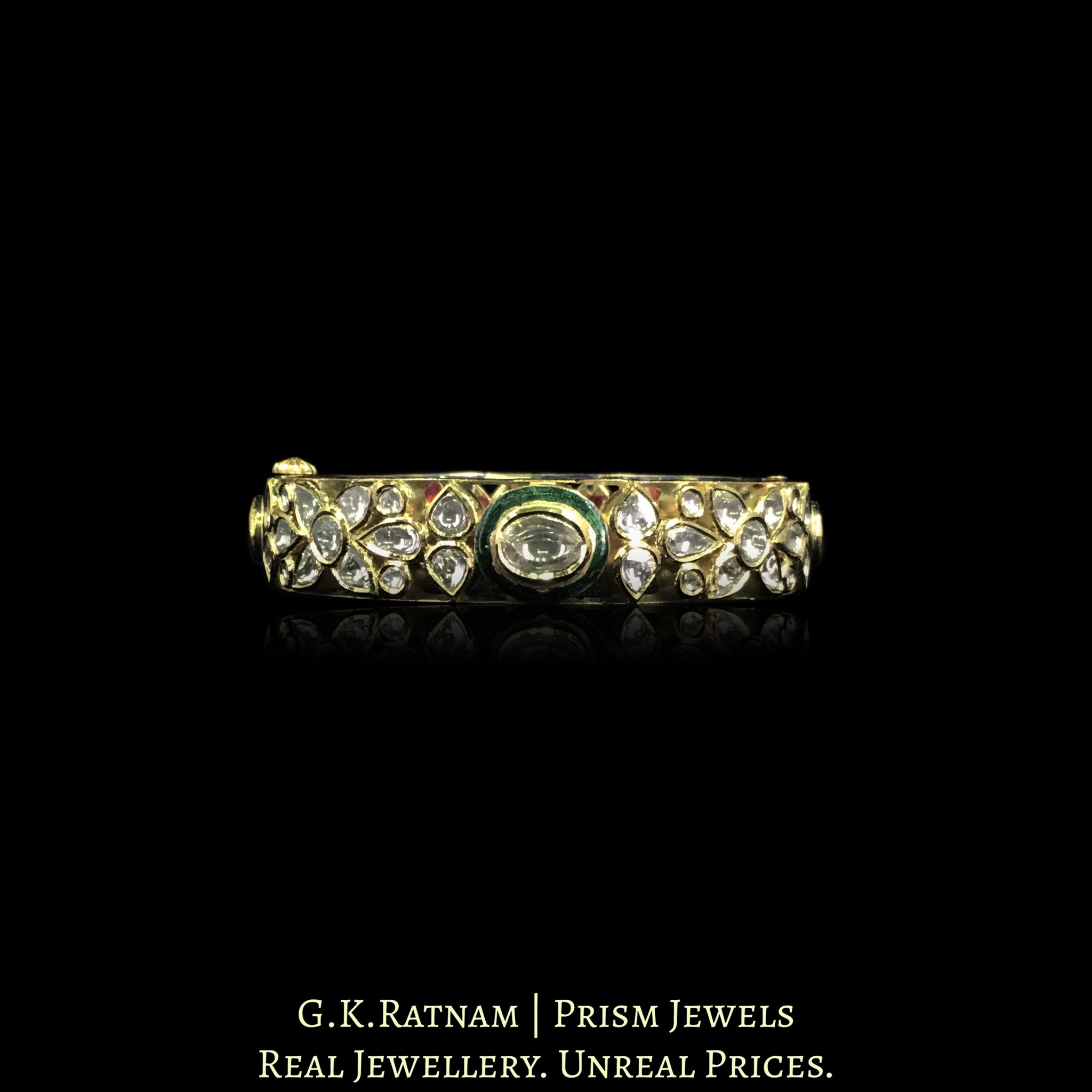 18k Gold and Diamond Polki Bangle with Green Meenakari and Floral Motifs