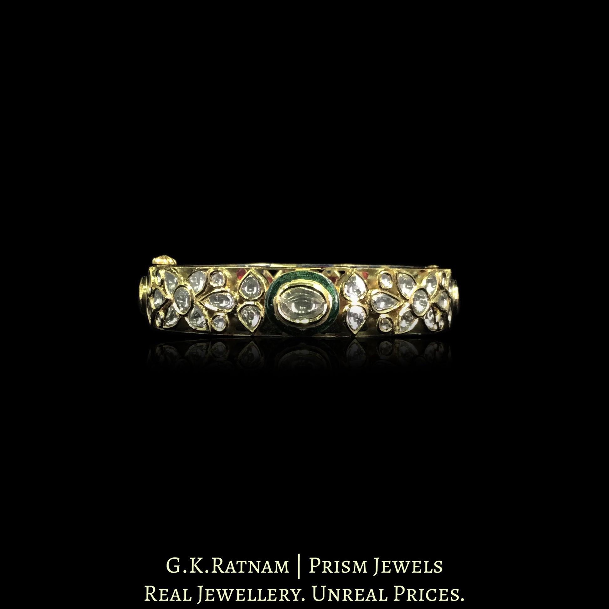 18k Gold and Diamond Polki Bangle with Green Meenakari and Floral Motifs - G. K. Ratnam
