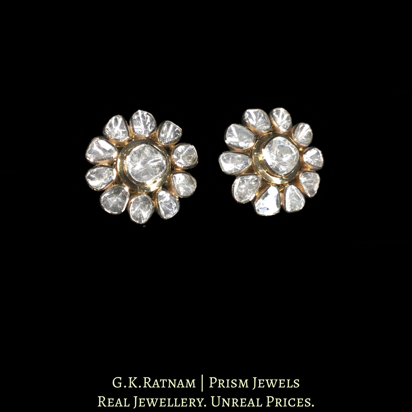 18k Gold and Diamond Polki Open Setting floral Tops / Studs Earring Pair