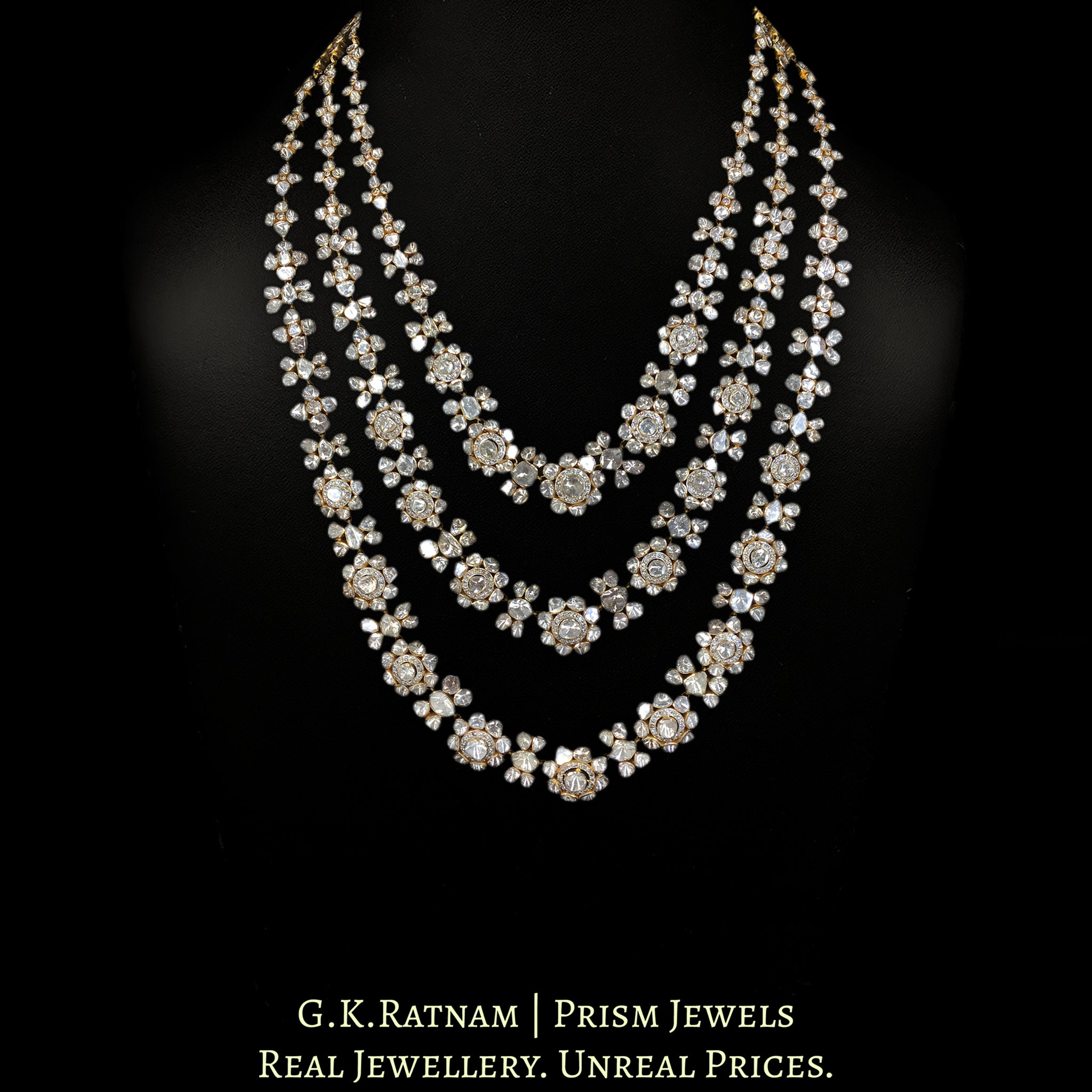 18k Gold and Diamond Polki Open Setting three-line Necklace – G. K. Ratnam