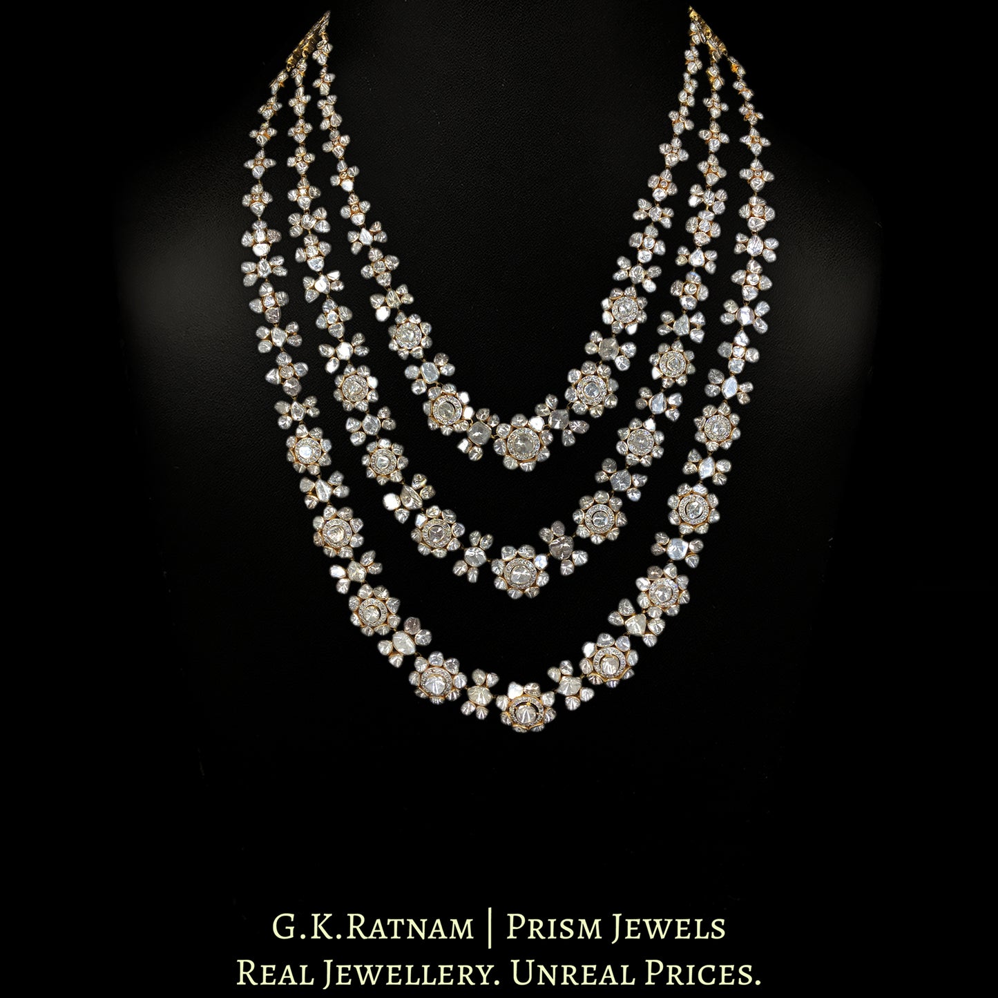 18k Gold and Diamond Polki Open Setting three-line Necklace