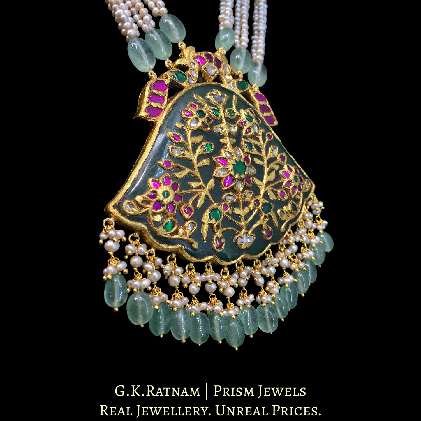 23K Gold And Diamond Polki Pendant With Antique Pearls And Strawberry Quartz - G. K. Ratnam