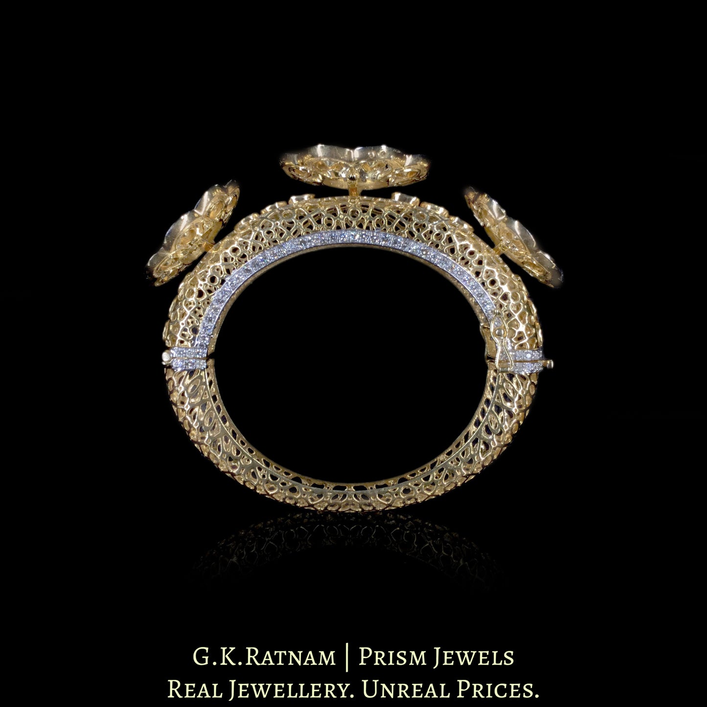 14k Gold and Diamond Polki Open Setting Bangle with protruding floral motifs