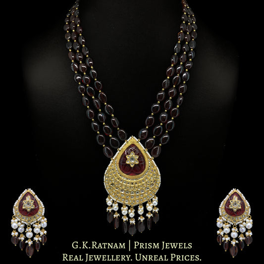 23k Gold and Diamond Polki Pendant Set strung with Hessonites