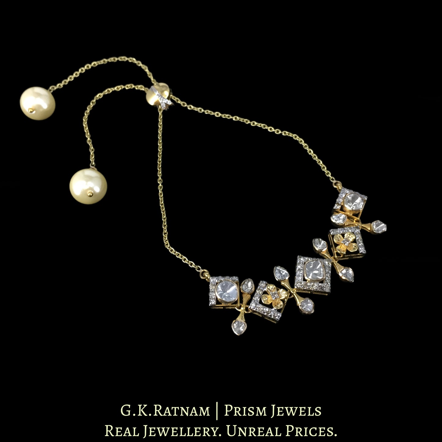 18k Gold and Diamond Polki Open Setting Chain Bracelet with Pearls