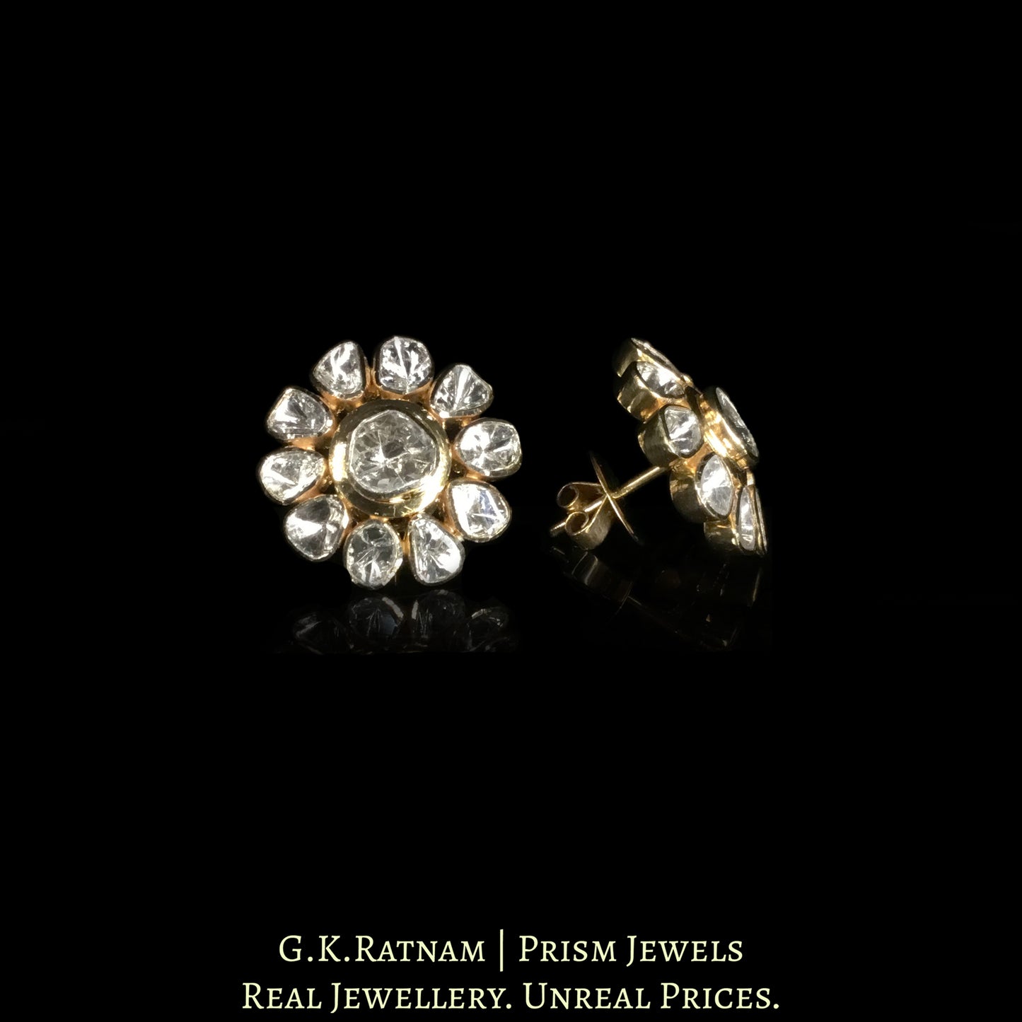18k Gold and Diamond Polki Open Setting floral Tops / Studs Earring Pair