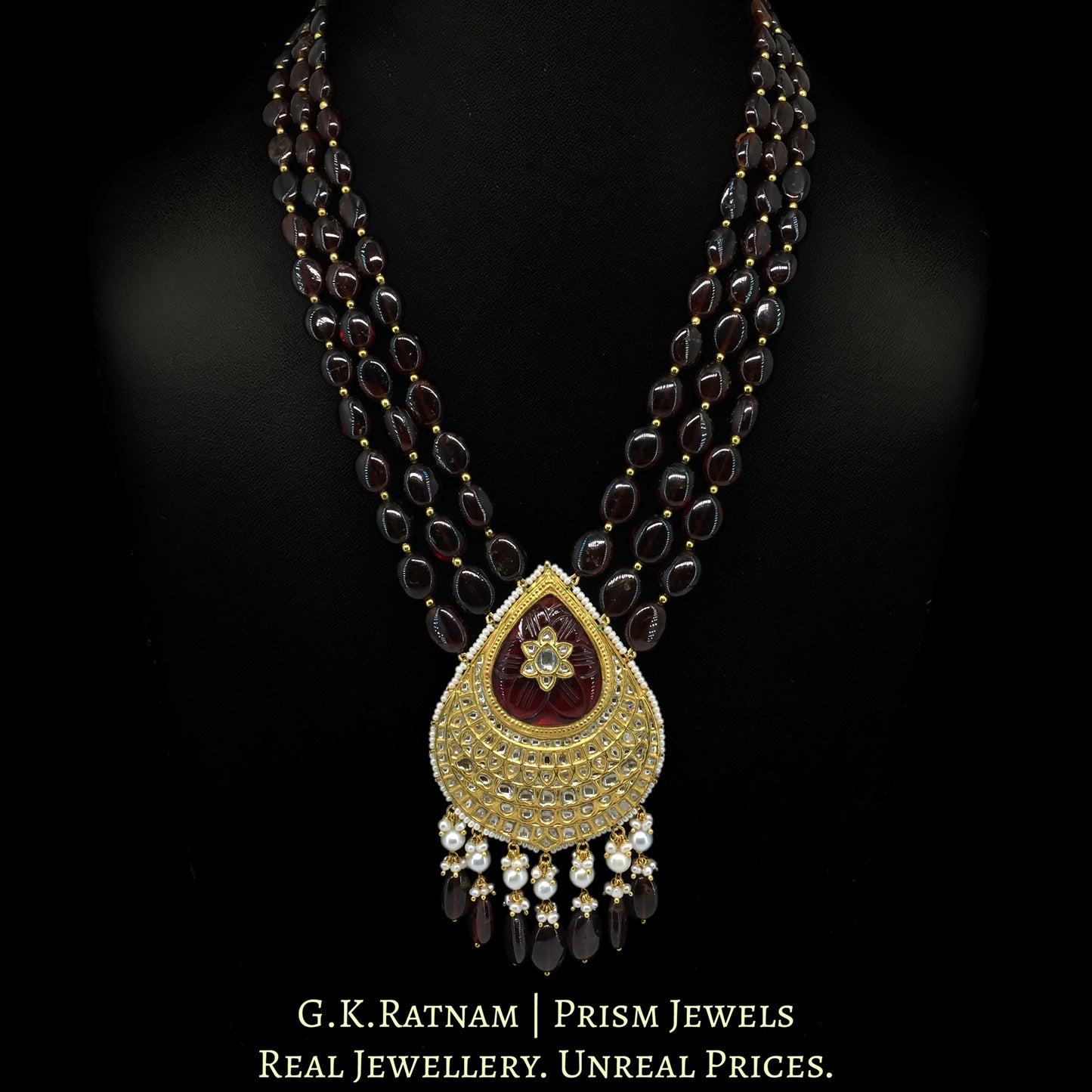 23k Gold and Diamond Polki Pendant Set strung with Hessonites