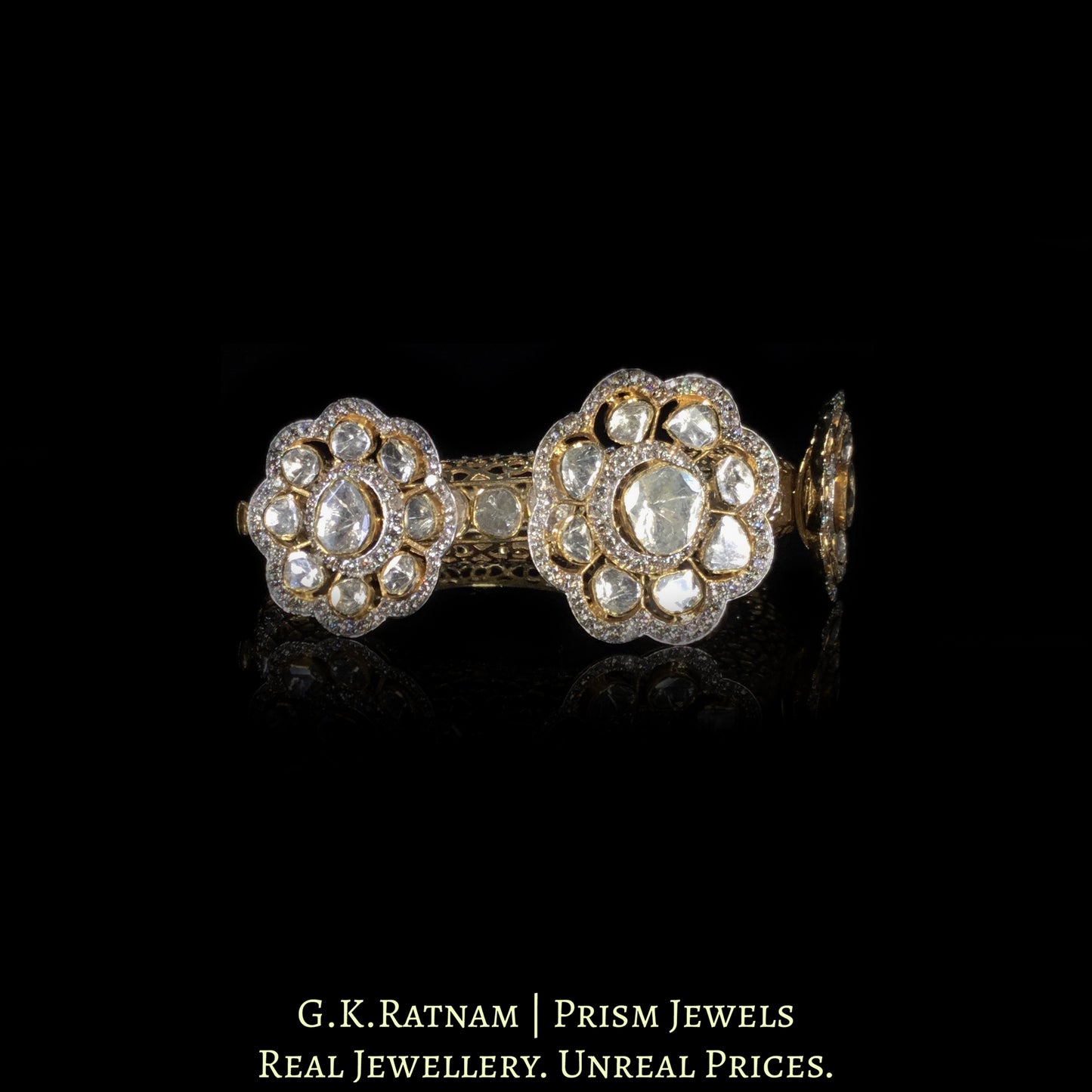 14k Gold and Diamond Polki Open Setting Bangle with protruding floral motifs
