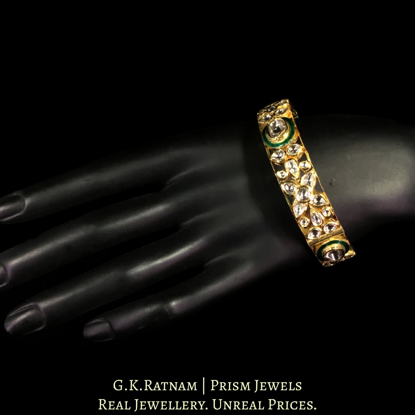 18k Gold and Diamond Polki Bangle with Green Meenakari and Floral Motifs - G. K. Ratnam