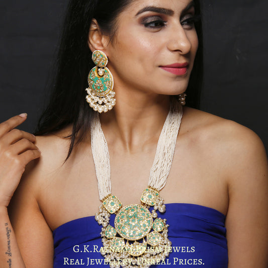 23k Gold and Diamond Polki Turquoise Hybrid Pendant Set with tiny chid pearl bunches