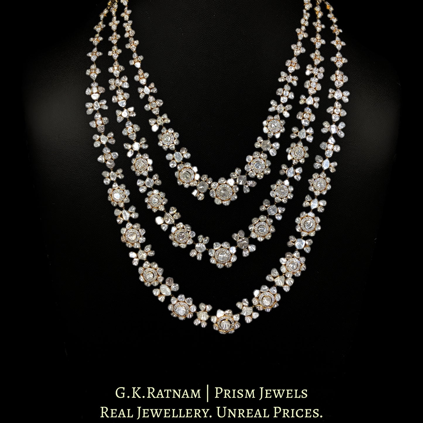 18k Gold and Diamond Polki Open Setting three-line Necklace