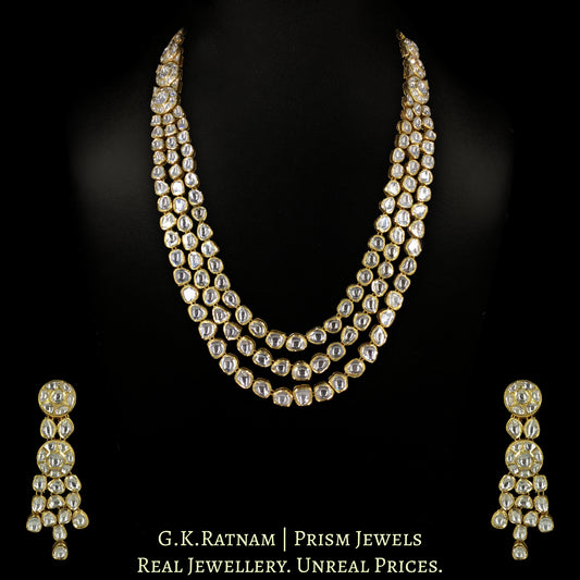 18k Gold and Diamond Polki three liner Long Necklace Set with mix-shaped uncut elements