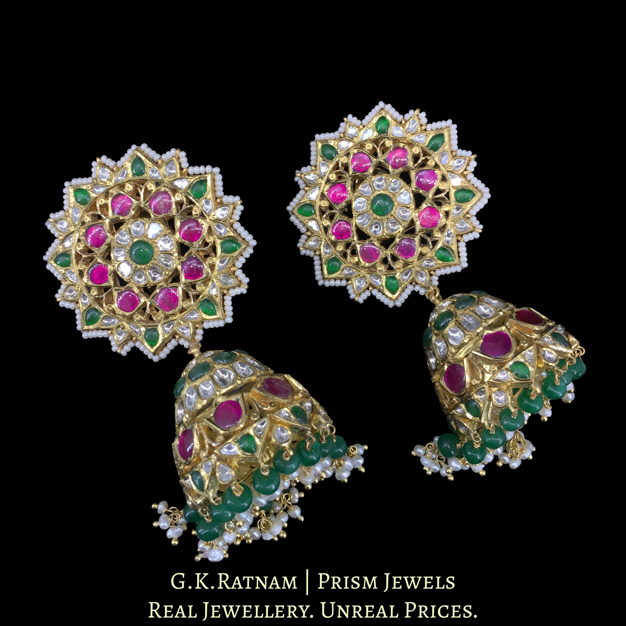 22k Gold and Diamond Polki south-style Jhumki Earring Pair