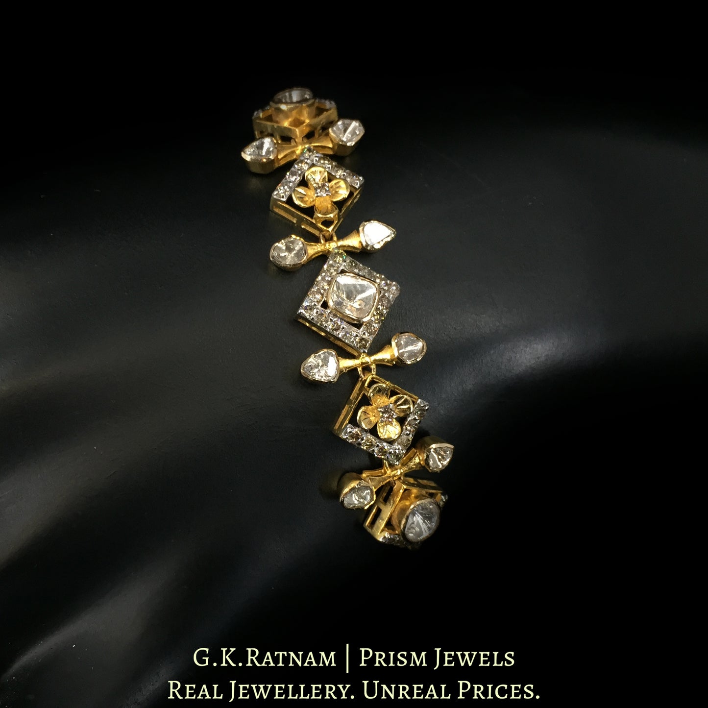 18k Gold and Diamond Polki Open Setting Chain Bracelet with Pearls