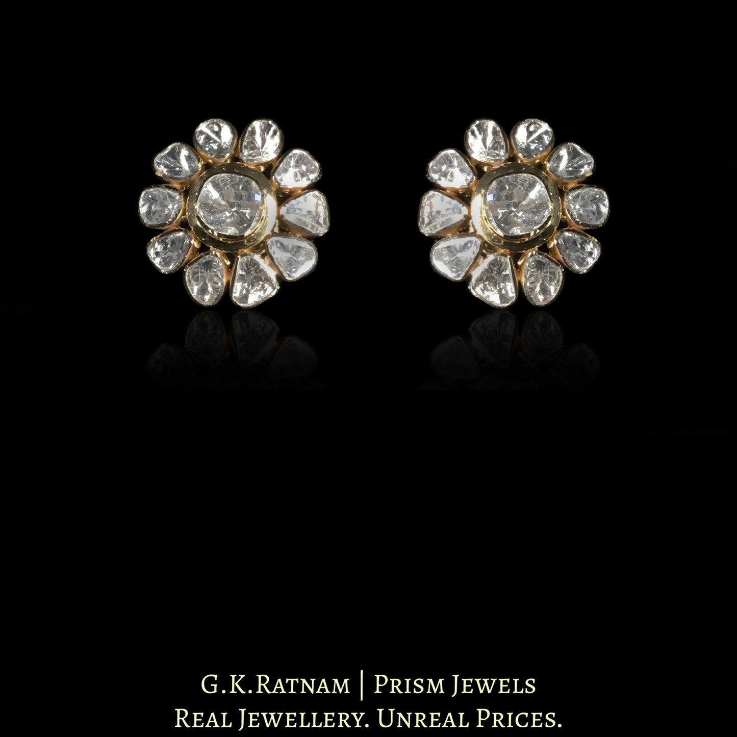 18k Gold and Diamond Polki Open Setting floral Tops / Studs Earring Pair