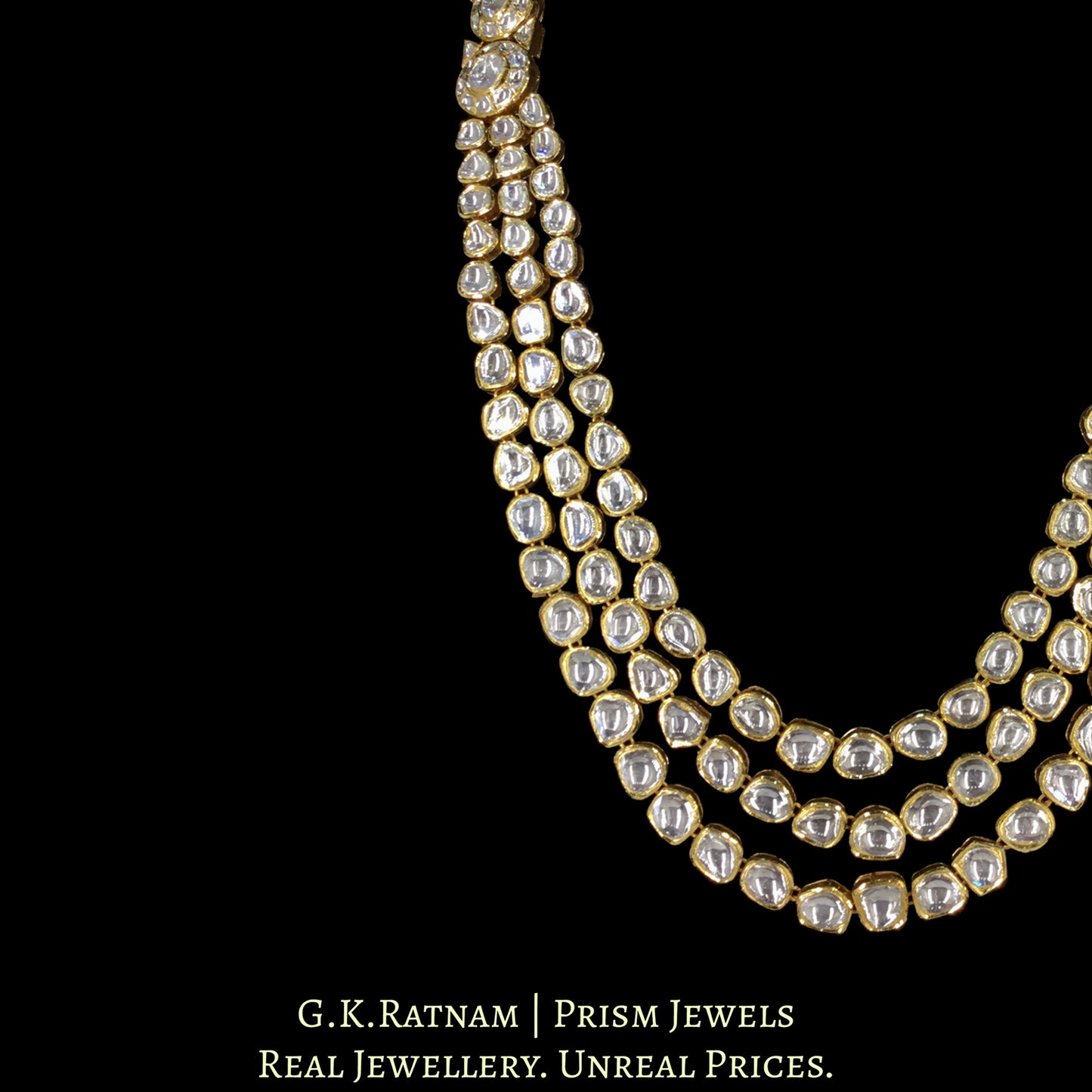 18k Gold and Diamond Polki three liner Long Necklace Set with mix-shaped uncut elements