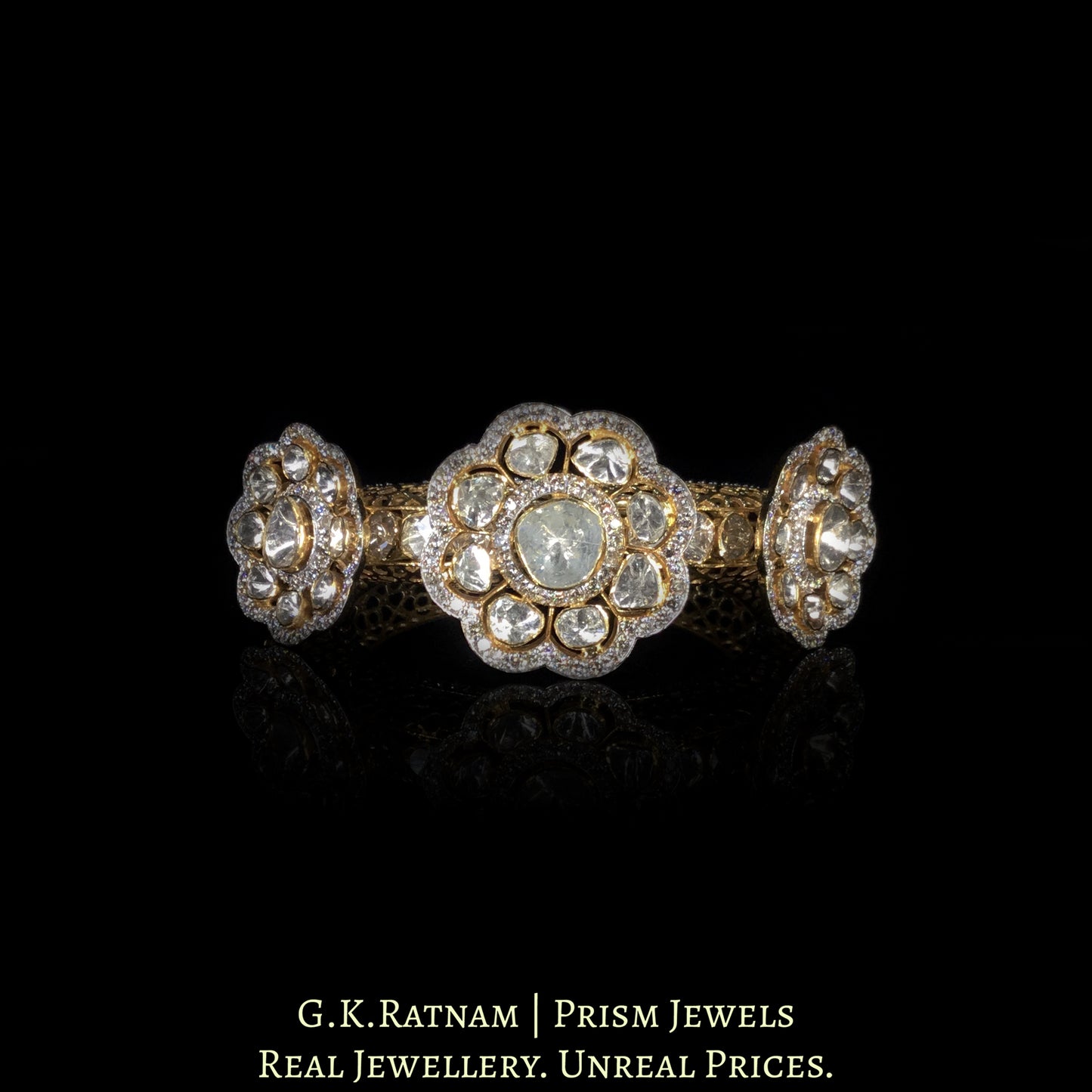 14k Gold and Diamond Polki Open Setting Bangle with protruding floral motifs